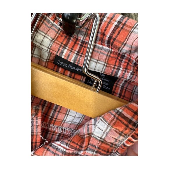Calvin Klein Jeans Orange Plaid Button Up Shirt Long Sleeve Knit Cuffs Sz 12M - Picture 3 of 5